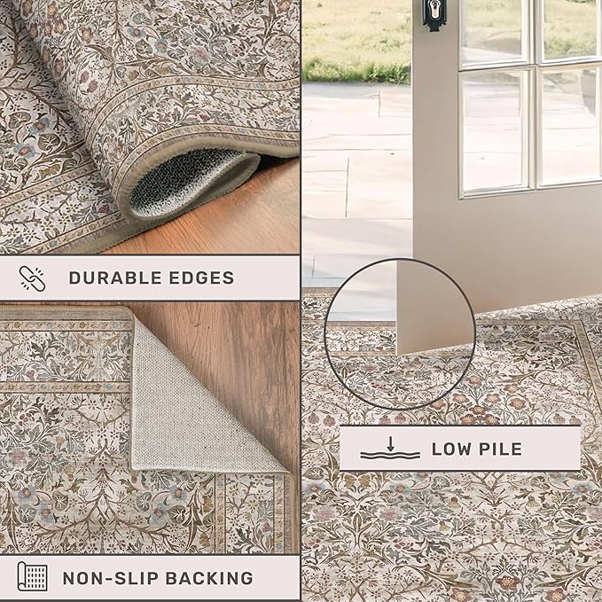 Vintage Moss Green Living Room Rug, 7x10 Washable Large Area Rugs for Bedroom, Dining Room Rugs Under Kitchen Table, Oriental Taupe Low Pile Stain Resistant Non-Slip