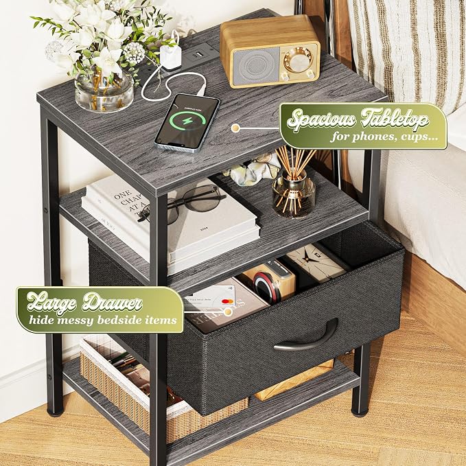 SUPERJARE Nightstand with Charging Station, Bed Side Table with Adjustable - Image 5
