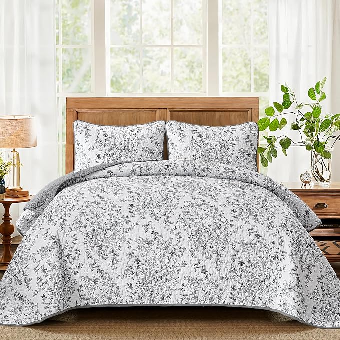 WONGS BEDDING Botanical Quilt King Size, 3 Pieces Bedspread Set, Microfiber by WONGSBEDDING