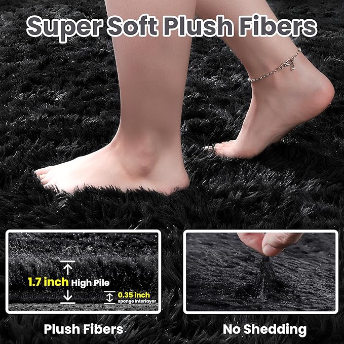 4x6 Fluffy Shag Area Rugs for Living Room Bedroom: Soft Plush Carpet Black | - Image 5