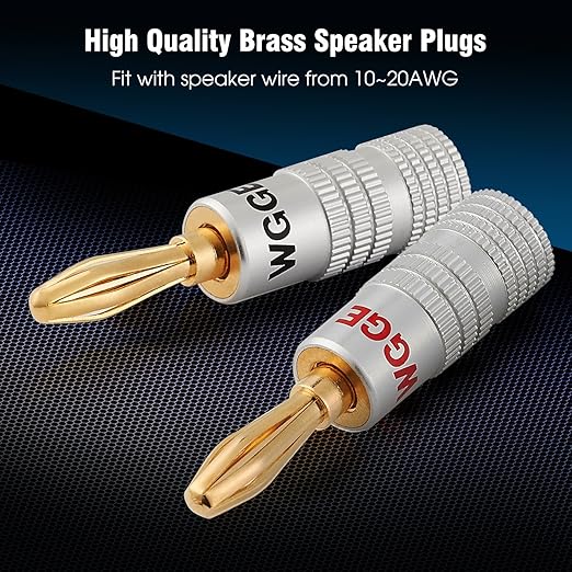 WGGE WG-009 Banana Plugs Audio Jack Connector, 24k Gold Dual Screw Lock Speaker Connector for Speaker Wire, Wall Plate, Home Theater, Audio/Video Receiver and Sound Systems (6 Pairs / 12 pcs)
