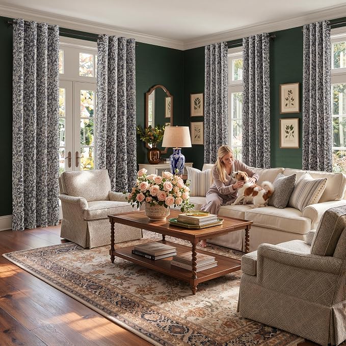jinchan Blue Floral Blackout Curtians 90 Inch Vintage Grommet 2 Panels | Room - Image 8