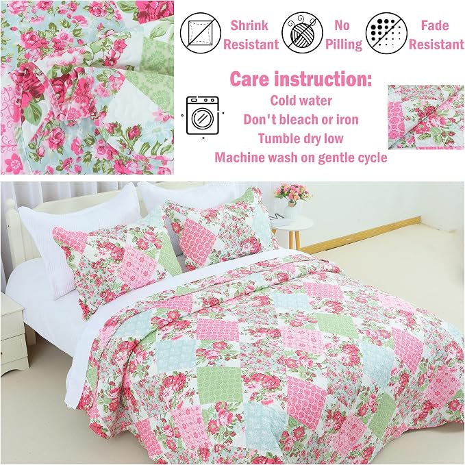 Cmfshape Summer Floral Queen Quilted Bedspread, Romantic Pink Quilt Set Bedding - Image 6