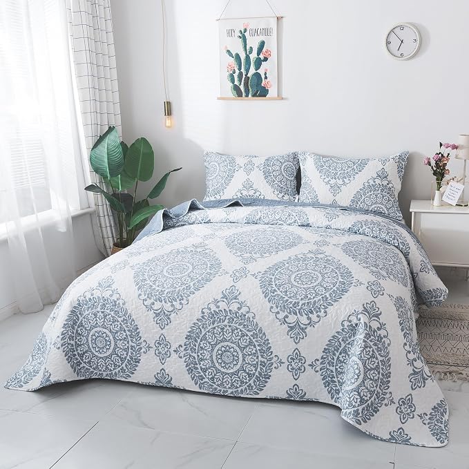 3-Piece Quilt Set Quilted Bedspread Lightweight Coverlet Set Floral Printed - Image 2