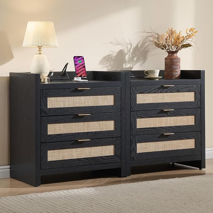 SICOTAS Nightstands Set of 2 : Rattan Tall Bedside Table by SICOTAS