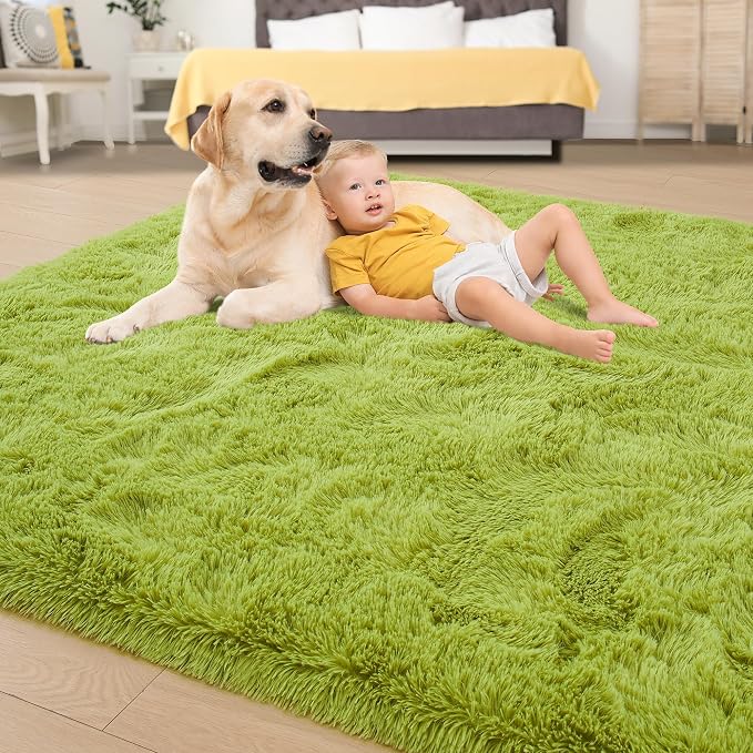 Fluffy Grass Green Rugs for Living Room Bedroom, 8x10 Soft Area Rug Moss Green - Image 4