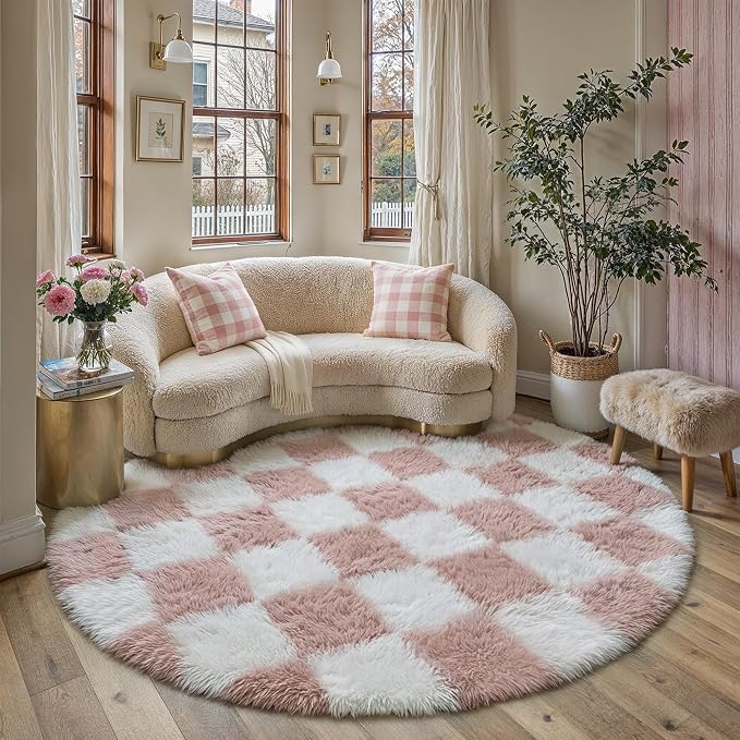 Pink Round Rug 6ft for Bedroom Soft Fluffy Checkered Shag Carpet | Machine - Image 3