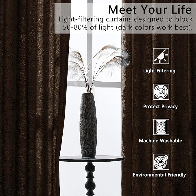 SMILETIME Chocolate Crushed Velvet Curtains 52x96inch Rod Pocket Luxurious Thermal Insulated Soundproof Drapes Soft and Durable Light-Filtering Window Treatments for Living Room Bedroom, 2 Panels