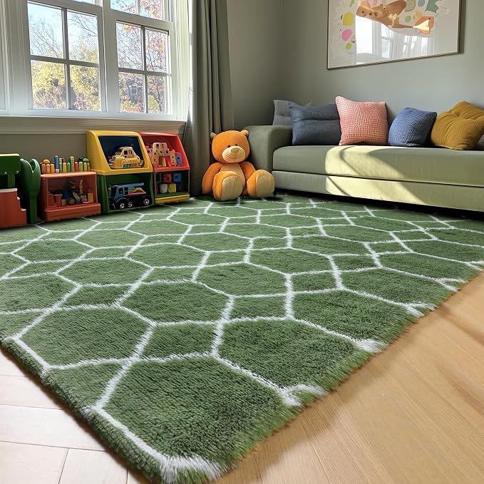 5x7 Area Rugs for Living Room Bedroom, Fluffy Olive Green and White Throw Rug - Image 9