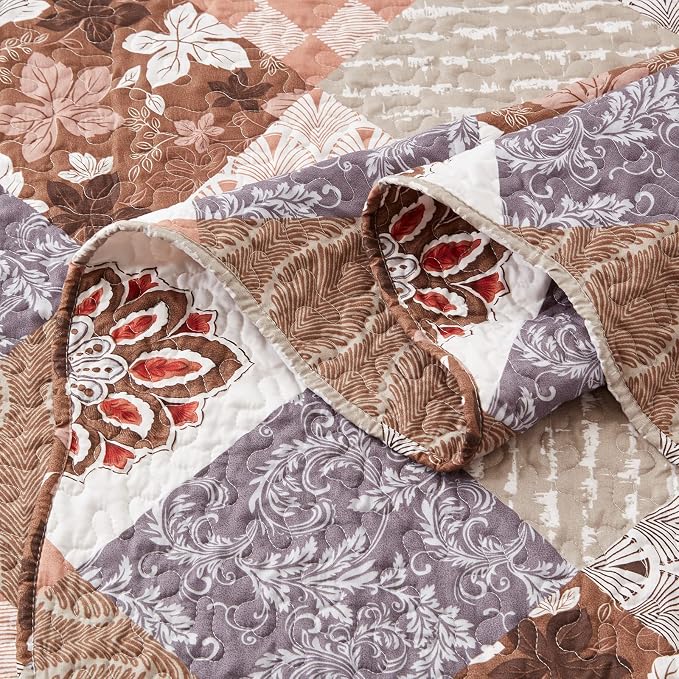 2 Pieces Twin Size Quilt Set Lightweight Brown Floral Bedspread 68x86 Inch Soft - Image 6