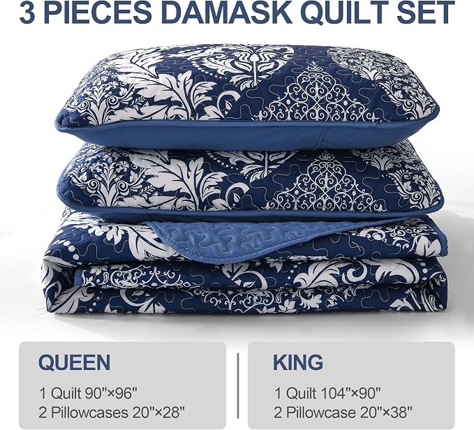 DJY Damask Quilt Set King Size, Boho Lightweight Bedding Set 3 Pcs, Soft - Image 5