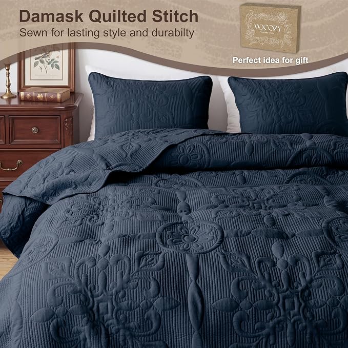 B2EVER Navy Blue Damask Quilt King Size Bedding Sets - Image 4