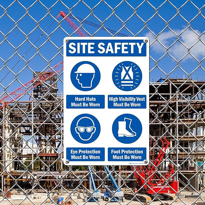 Brimar - 12" x 18" - Site Safety Mandatory PPE Sign - .063″ White Rust-Free Aluminum - Comprehensive Message - Easy Installation