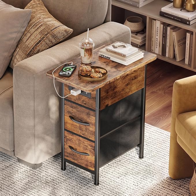 Huuger Narrow End Table with Charging Station, Side Table with 2 Drawers | Slim - Image 2