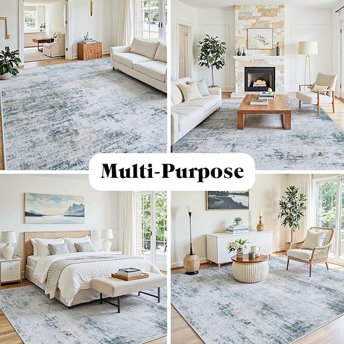 8x10 Washable Area Rug for Living Room Bedroom: Non-Slip Modern Blue Grey | - Image 3