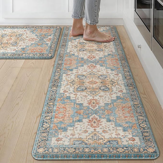 GENIMO Kitchen Mats for Floor 2PCs, Washable Anti Fatigue Mat for Cushioned, 17.3"x59"+17.3"x30", Waterproof Kitchen Rugs, Non Slip Comfort Standing Mat Rug for Home, Sink, Laundry, Blue&Salmon