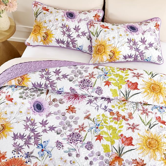 Yiran Purple Floral Quilt Set King Size, Sunflower Botanical Bedding Set | 3 - Image 3