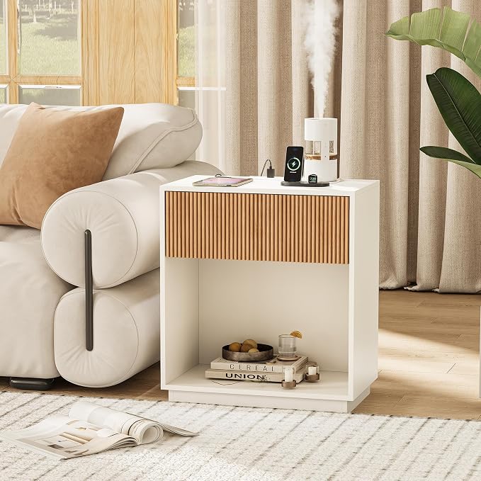 End Table with Charging Station, Fluted Nightstands Set of 2, Modern Bedside - Image 8