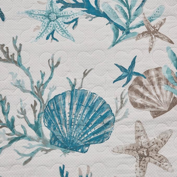 Madison Park Cotton Coastal Starfish Aqua Queen Quilt Set, Down Alternative - Image 9