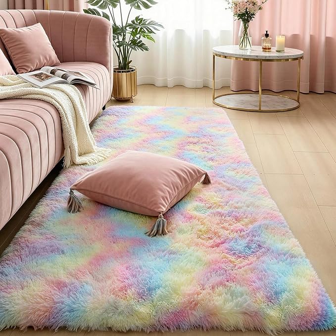 KCHOWUA Rainbow Unicorn Fluffy Fuzzy Rug 2x6, princess kids room, living room - Image 2