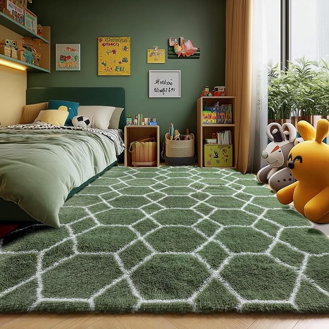 5x7 Area Rugs for Living Room Bedroom, Fluffy Olive Green and White Throw Rug - Image 6
