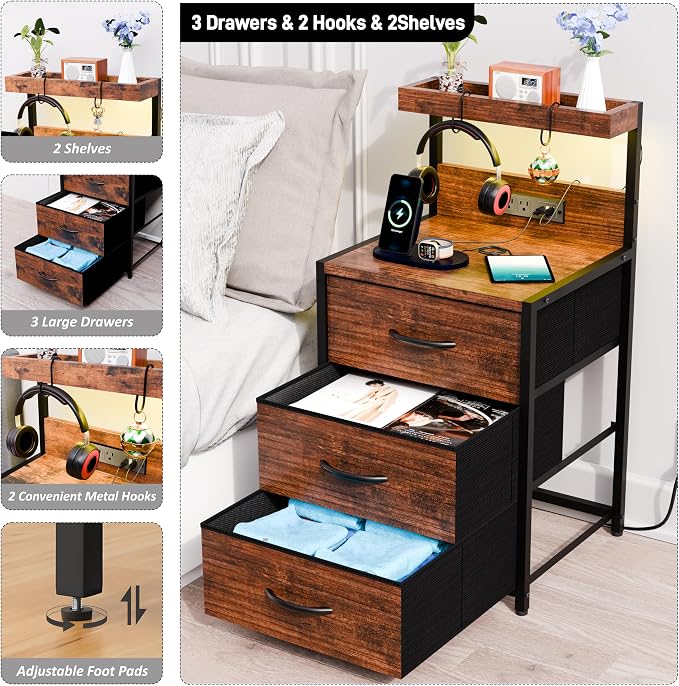SZLHANJZ Nightstands Set of 2, LED Light and Charging Station, 3 Drawers | - Image 5