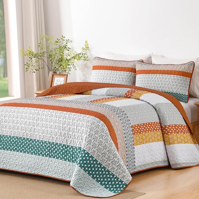 WONGS BEDDING Orange King Size 3-Piece Quilt Set, Boho Stripe Bedspread | by WONGSBEDDING