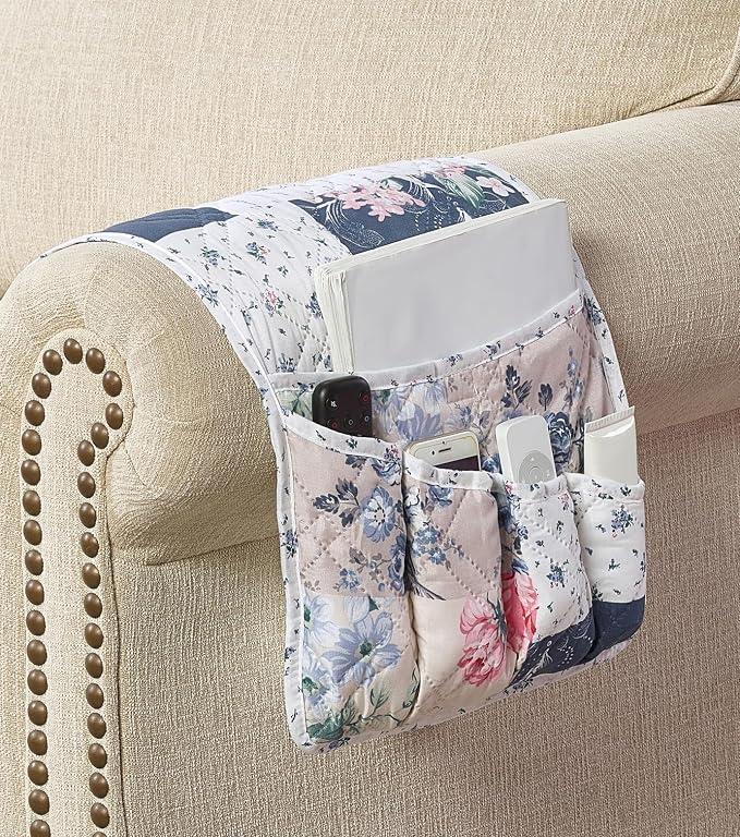 Brilliant Sunshine Vintage Indigo Roses Couch Armrest Cover, Armrest Organizer - Image 3