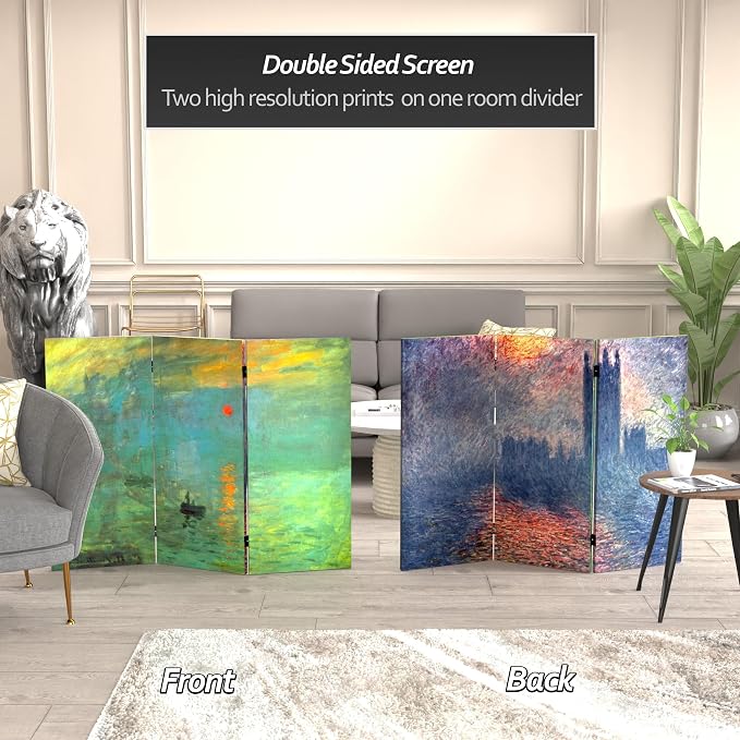 Red Lantern Double Sided Works of Monet Canvas Folding Screen - Image 2