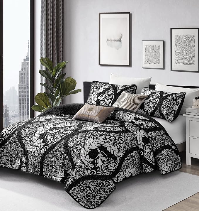 DJY Damask Quilt Set Queen Size, Boho Lightweight Bedding Set 3 Pcs, All Season - Image 2