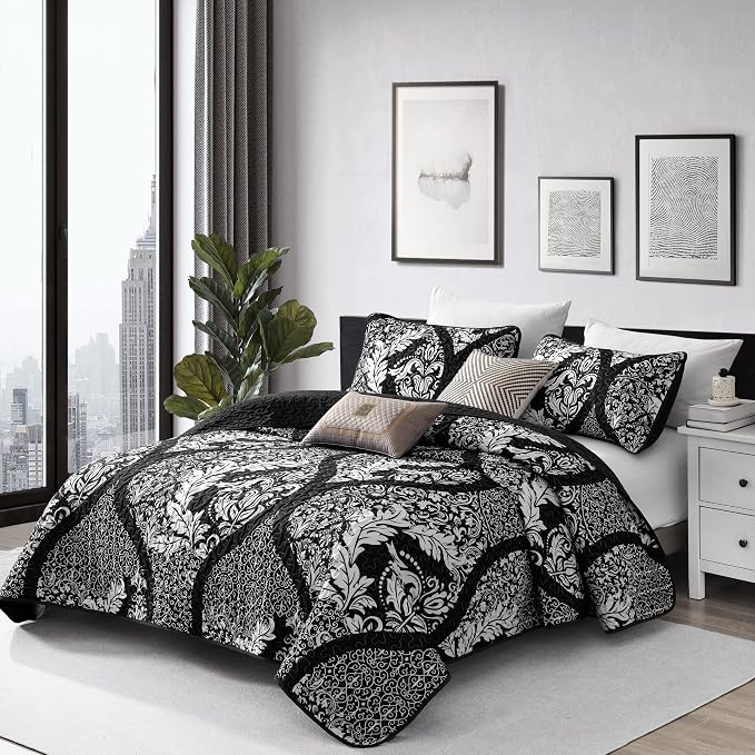 DJY Damask Quilt King Size, Boho Lightweight Bedding Set 3 Pcs, Soft - Image 2