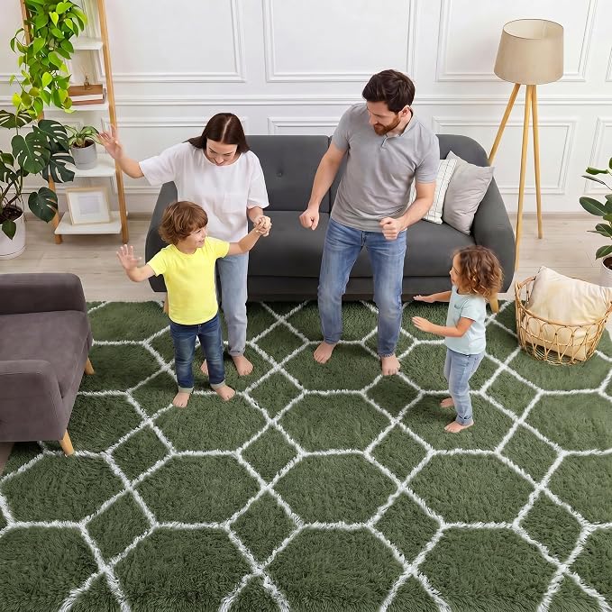 5x7 Area Rugs for Living Room Bedroom, Fluffy Olive Green and White Throw Rug - Image 3