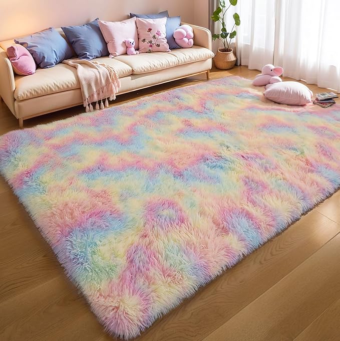 3x5 Rainbow Unicorn Rug for Girls Bedroom, Fluffy Shaggy Carpet | Area Rug for - Image 6