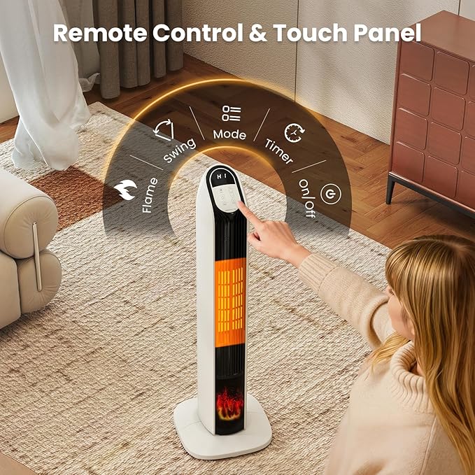 Zynkez 33" Space Heaters for Indoor Use Large Room, 1500W PTC Tower Fireplace Heater with 3D Flame, Room Heater w/Remote Control,12H Timer & Oscillation, Portable Electric Heaters for Bedroom, Beige