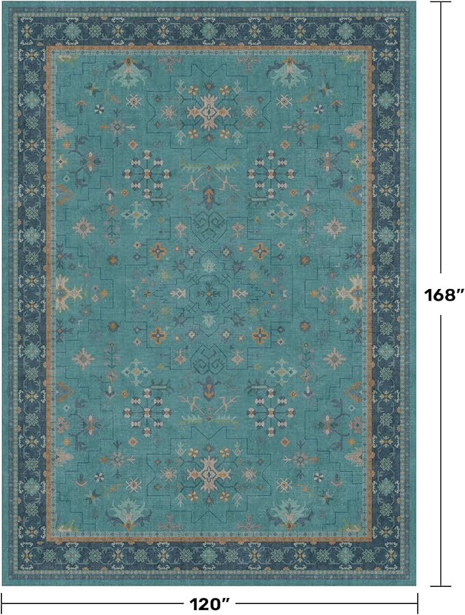 Washable 10x14 Teal Boho Living Room Rug - Image 2