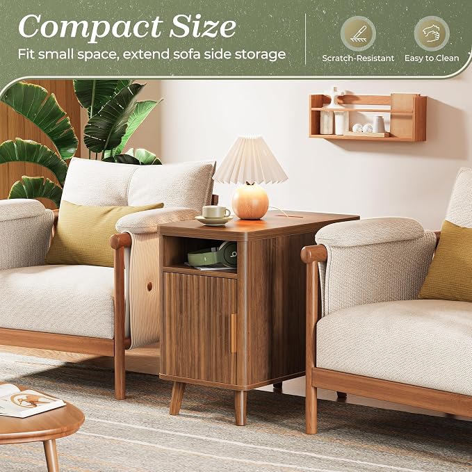 Huuger Narrow End Table with Charging Station, USB-C Port | Fluted Nightstand - Image 3