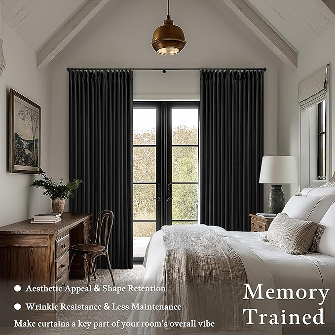 Black Linen Blackout Pleated Curtains 90 Inches Long for Living Room Darkening Pinch Pleat 100% Black Out Drapes Thermal Insulated Soundproof Midnight Black 90 Inch Curtain Panel for Dining Bedroom