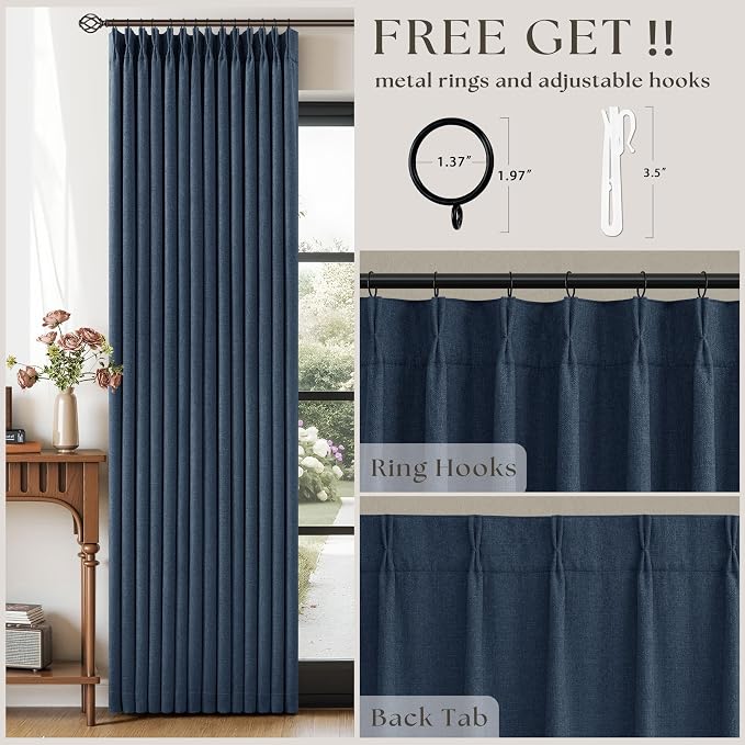 Navy Blue 84 Inch Pinch Pleated Blackout Textured Linen Curtains 2 Panels | - Image 4