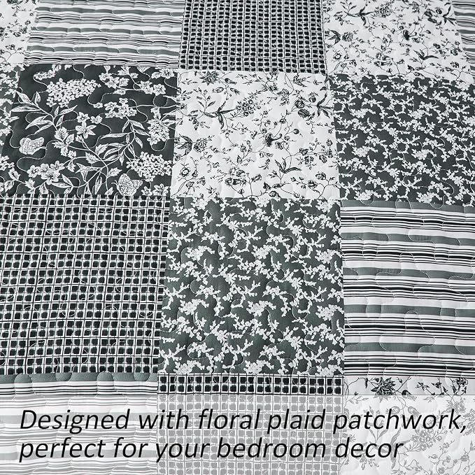 Mybedsoul Black Grey Boho Quilt Set Twin Size Dorm Bedding, 2 Pieces Plaid - Image 4