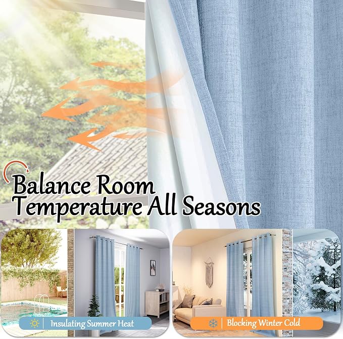 Baby Blue Linen Blackout Curtains 63 Inch Long Each 38 Wide 2 Panels | Thermal - Image 6