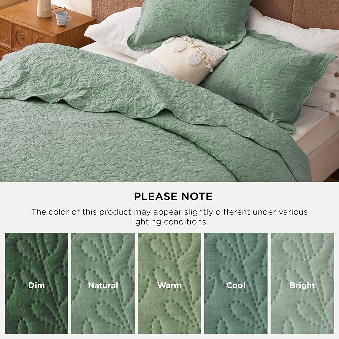 Bedsure Quilt Queen Size Bedspread, Thin Comforter, Sage Green Leaf Coverlet - Image 7