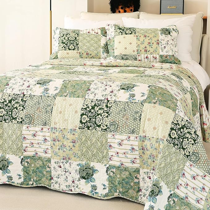 Cmfshape Summer Floral Oversized King Quilted Bedspread, Romantic Green Quilt by cmfshape-quiltset
