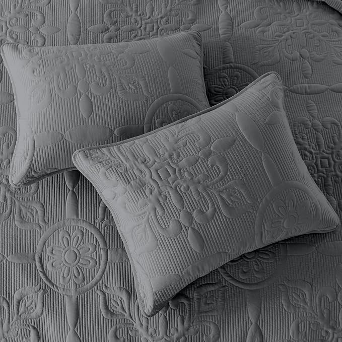 B2EVER Dark Grey Damask Quilt King Size Bedding Sets - Image 5