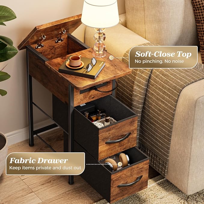 Huuger Narrow End Table with Charging Station, Side Table with 2 Drawers | Slim - Image 7