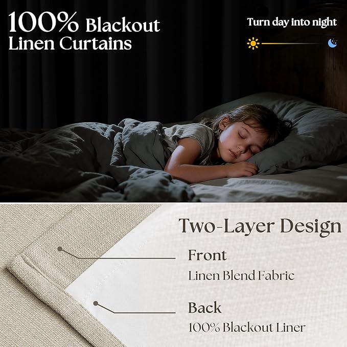105 Inch Blackout Pleated Curtains for Bedroom Living Room Darkening Linen Textured Pinch Pleat 100% Black Out Thermal Insulated Window Drapes Double Layer Soundproof Curtains 2 Panels Oatmeal Beige