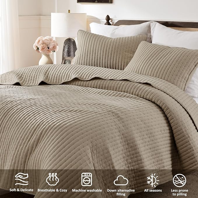 WDCOZY Dark Beige Cross Stitch King Size Quilt Set, Striped Lightweight Soft - Image 4