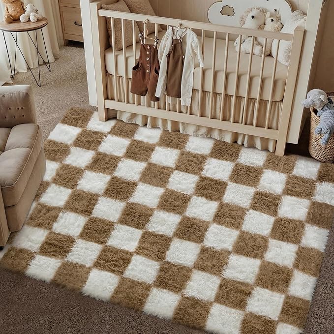 Brown Area Rug 3x5 for Kids Room Soft Checkered Shag Carpet | Machine Washable by PureCozy