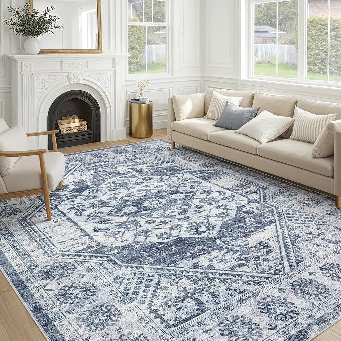 cotiled 9x12 Area Rug for Living Room, Traditional, Distressed Blue by COTILED