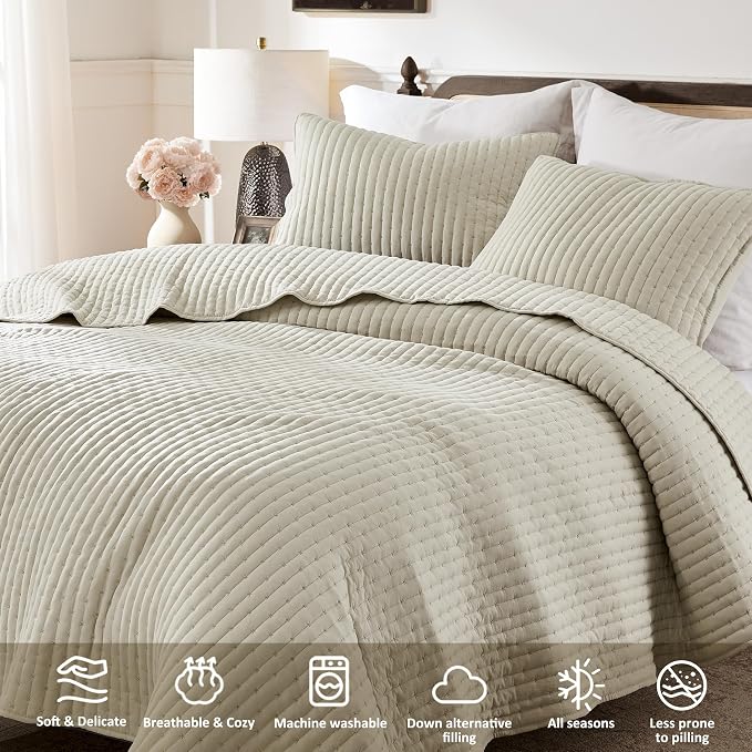 WDCOZY Beige Cross Stitch Twin Size Quilt Set, Netural Striped Lightweight Soft - Image 4