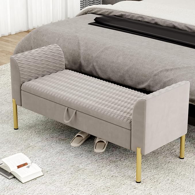 Alunaune Modern Velvet Storage Bedroom Bench End of Bed Bench, Upholstered - Image 4